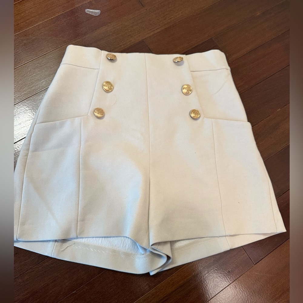 Zara High Waist Cream Shorts with Gold Accents